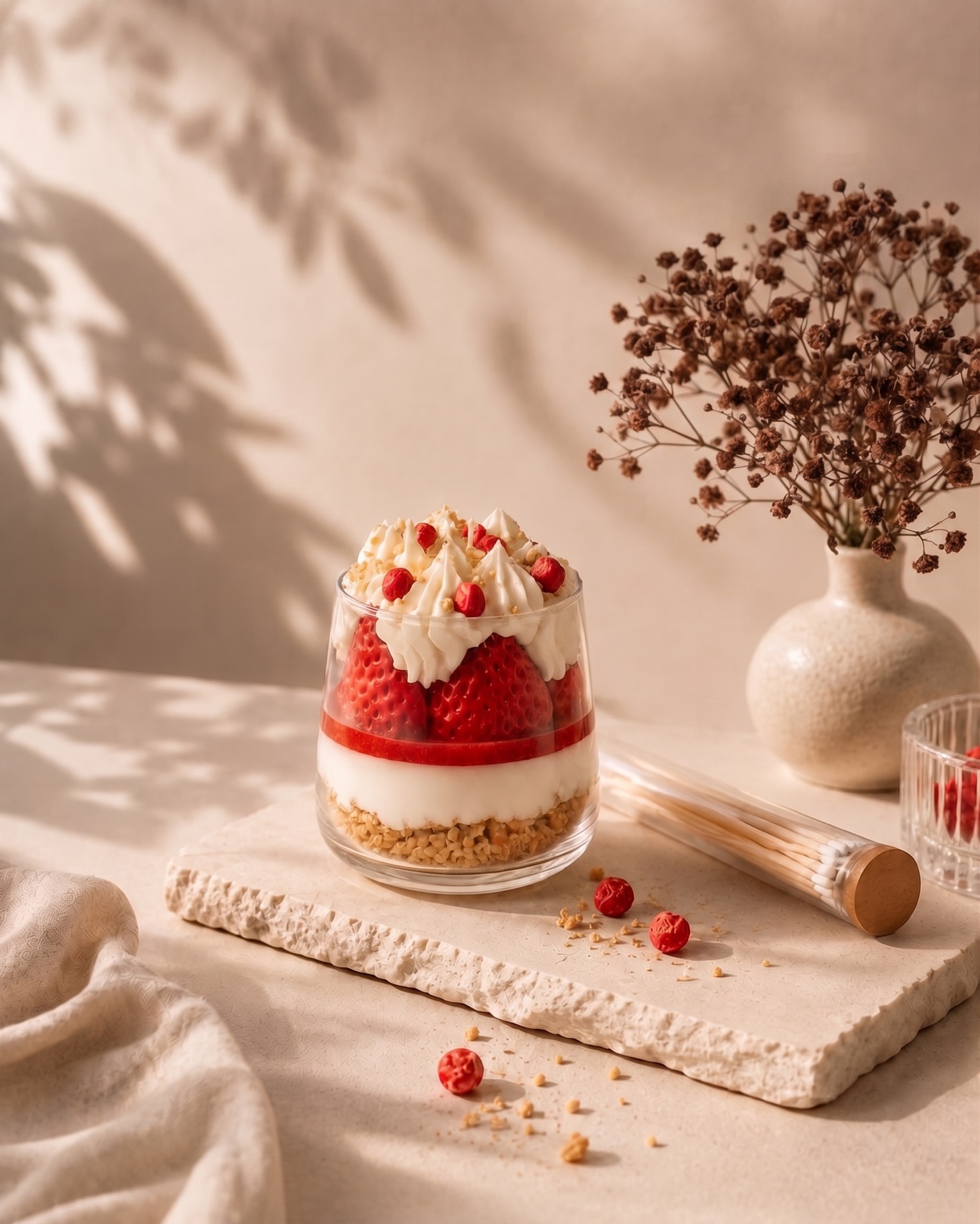Strawberry dessert candle styled with dried flowers